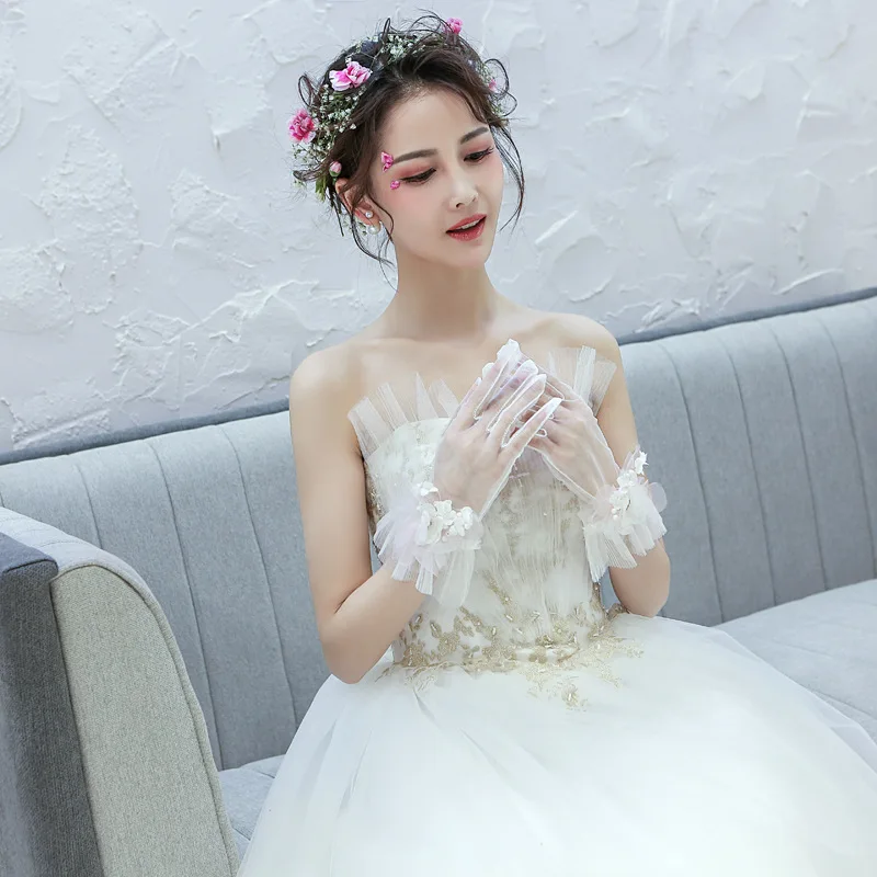 

New bridal wedding gloves short lace gold floral embellishment gloves