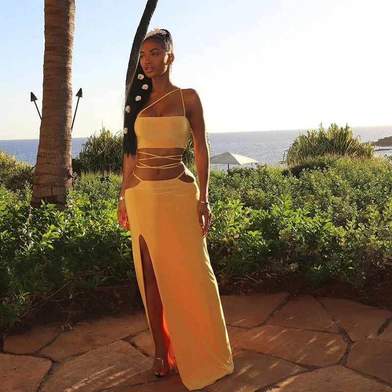 

Sexy Vacation Outfits Bandage Sleeveless Wrap Tops Women and Split Hollow Out Summer Long Dress Two Piece Set Women Matching Set