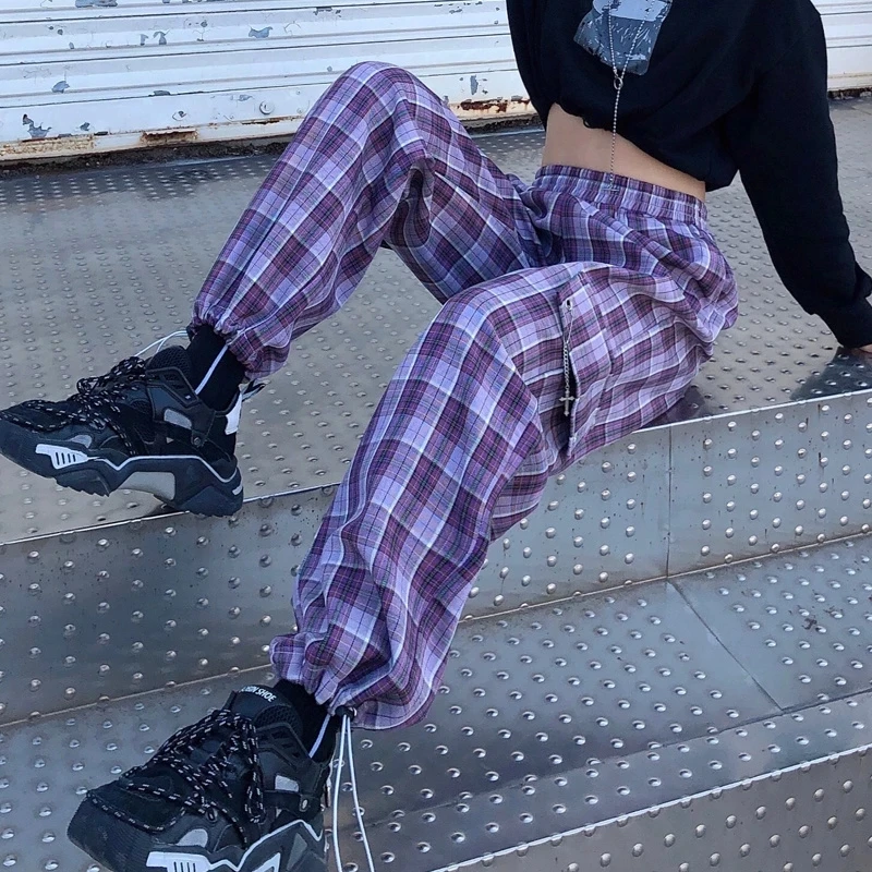 

Purple Check Cargo Pants Women's Y2K Aesthetic Check Pants Korean Fashion Summer 2021 Harajuku Wide Gothic Pants