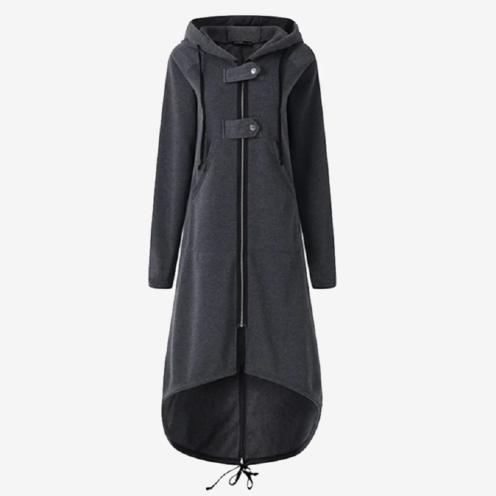 Carbon Gray Wisalo, Женская толстовка с капюшоном, асимметричная, с длинным рукавом, на молнии, на кнопках, длинная, пальто, повседневная, осень, зима, одноцветная, для девушек, с капюшоном, пальто - Цвет: Carbon Gray