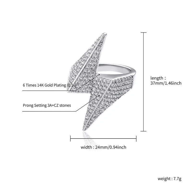

2020 HIP HOP High Quality Personality Iced Out AAA+ CZ Lightning Ring Men and Women Jewelry For Gift