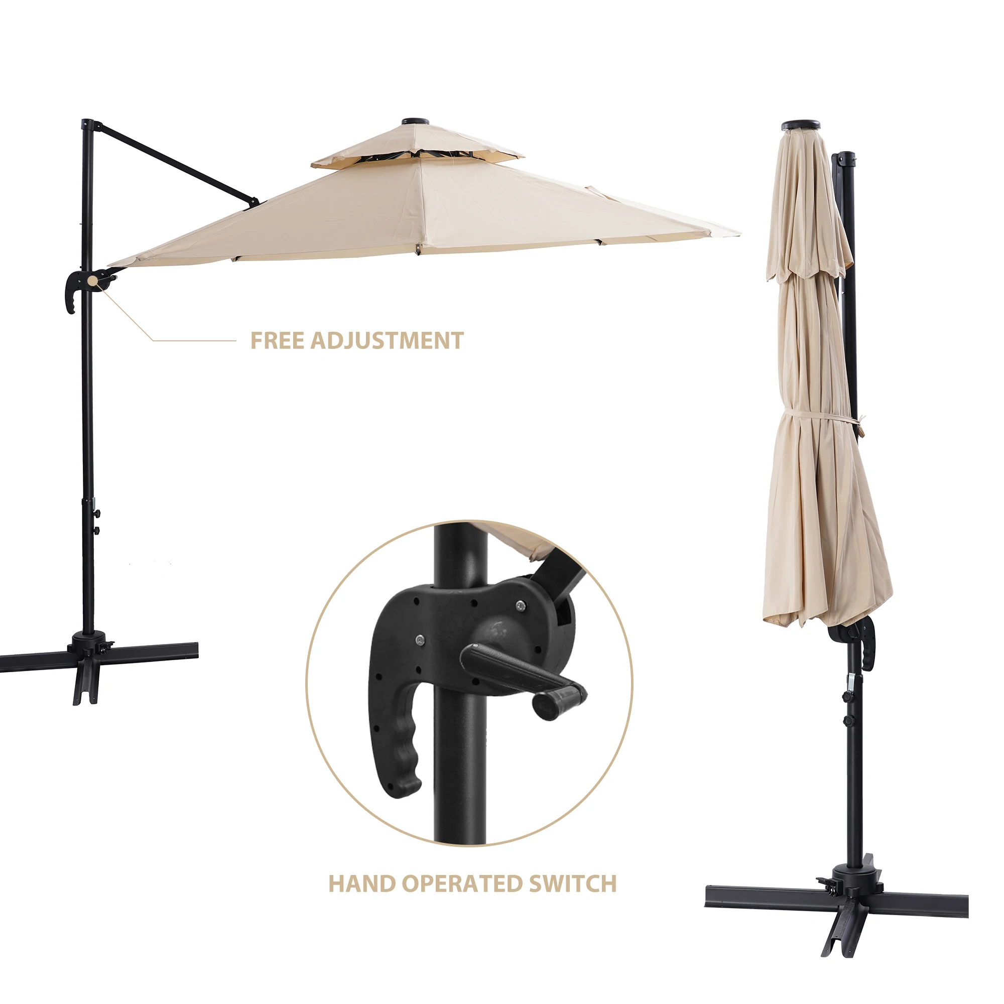 

10ft Patio Umbrella Outdoor Solar Powered Cantilever 28 LED Light with Tilt and Crank for Garden Deck Backyard Pool-Tan