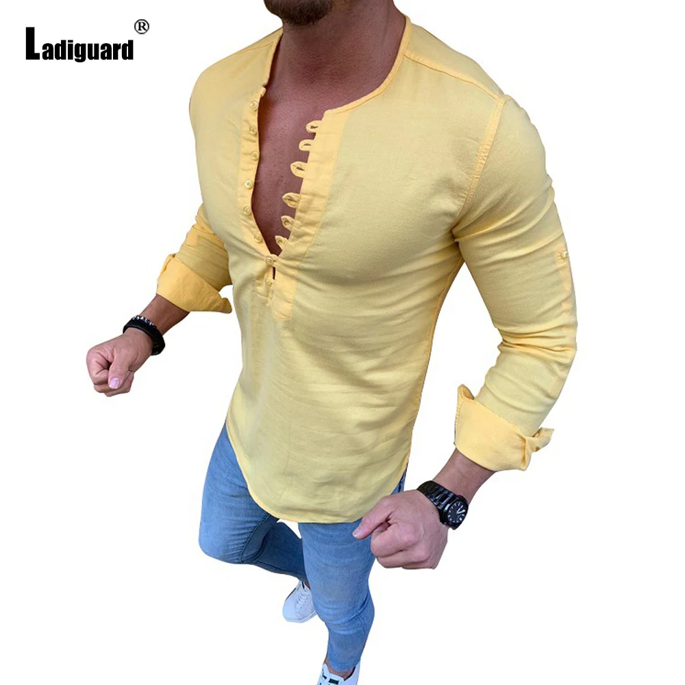 

2021 Fashion Tops Men Summer Blouse Long Sleeve Shirt Casual Pullovers Yellow Black Shirt blusas Homme Ropa Sexy Mens Clothing