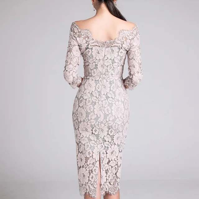 

Fashion New arrived Women's Dress Fall 2019 New One-neck Low-breast Lace Seven-minute Sleeve-wrapped Hip Dress
