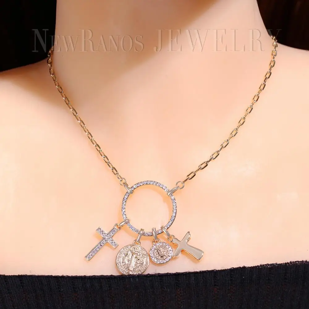 Длинное круглое ожерелье с цепочкой двойным крестом из фианита золотого цвета