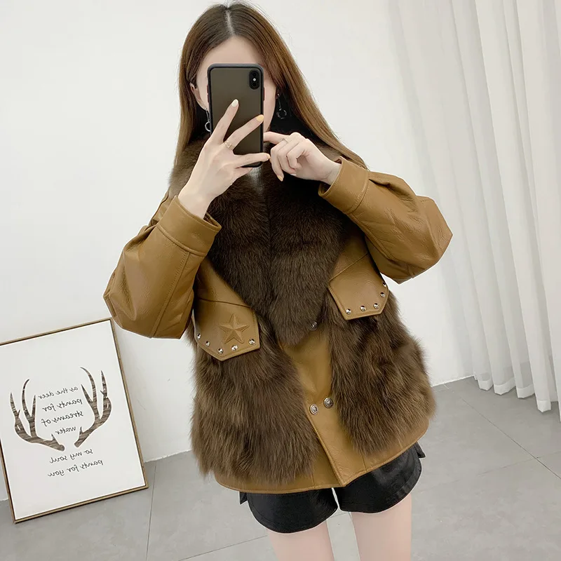 Women Fashion Winter Natural Sheepskin Overcoat Real Fox Fur Patchwork Woolen Thick Female Jacket 2021 Grey Brown Luxury Clothes