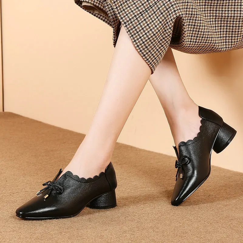 

Woman High Heels Shoes Black Yellow Round Heel Med Heels Platform Shoes Cow Leather Sweet Bow High Heels Genuine Shoes
