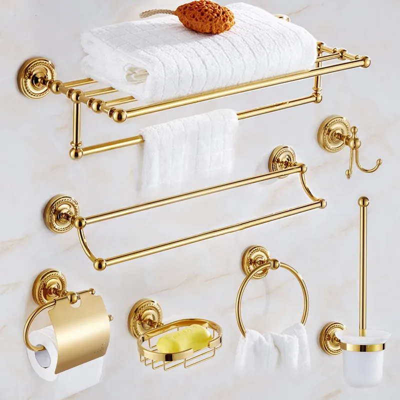 

Золотые аксессуары для ванной комнаты, однотонный латунный держатель для полотенец/бумаги/кольцевая салфетка/держатель для туалетной щетки, держатель для мыла/корзины с крючками
