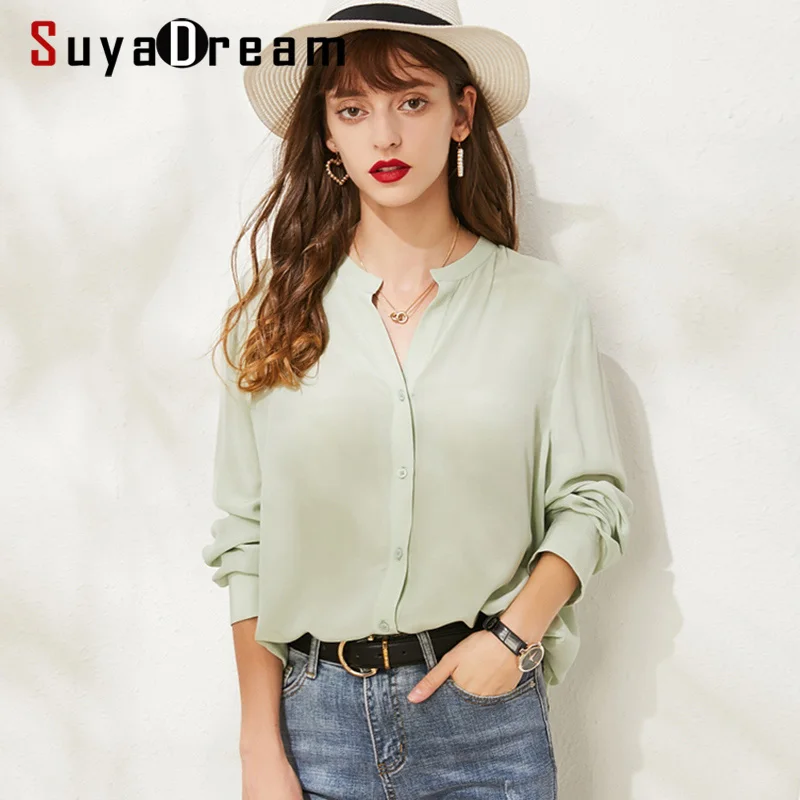 SuyaDream Women Silk Blouses 100%Silk Crepe Office Lady V neck Long Sleeved Blouse Shirt Chest Pockets Shirts 2022