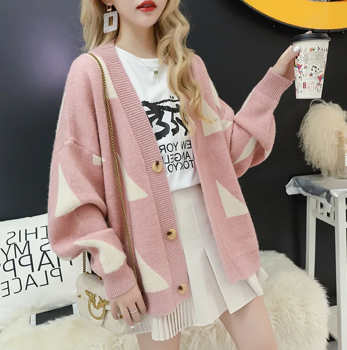 

Women Winter Clothes 2021 V neck Sweater Cardigans Geometric Oversized Knit Coat Loose Long Sleeve Pink Sweater Coat Jumper
