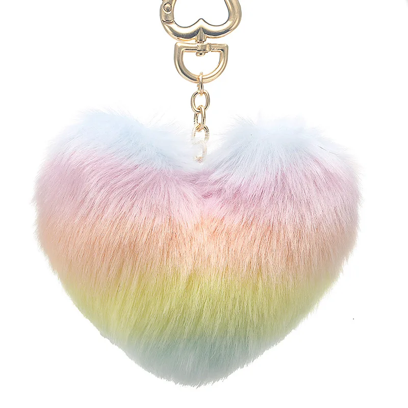 Heart Pompoms Keychain Rainbow Plush Balls Key Chains Decorative Pendant for Women Bag Accessories Keychains Car | Украшения и