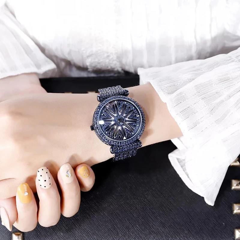 top brand rotation women watches luxury diamond hollow watch fashion waterproof bracelet ladies wrist watch with watch box hot free global shipping