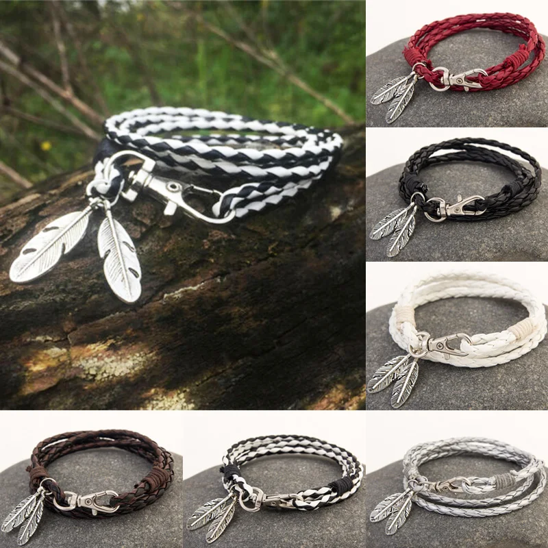 

Bracelet Leather Multi-Layer Bracelets For Man And Women With Feather-Like Pendant Braided Rope Bangle Charm Best Gifts Jewelry
