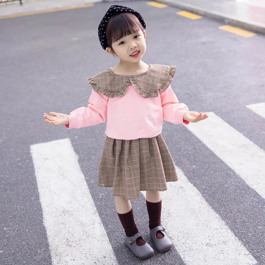 Girls Clothes Plaid Skirt + Sweatshirt Suits For Peter Pan Collar Set Autumn Fashion Suit Baby | Детская одежда и обувь