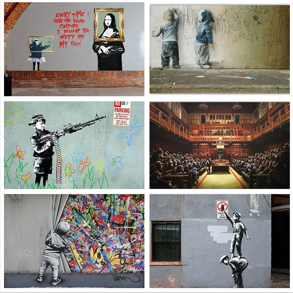 

Banksy Street Art Vintage Posters And Prints Silk Painting Wall Pictures For Living Room Nordic Home Decor