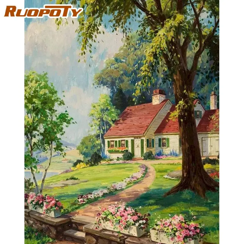 

RUOPOTY Frame DIY Painting By Numbers House Tree Landscape Modern Home Wall Art Picture Coloring By Numbers For Home Decors