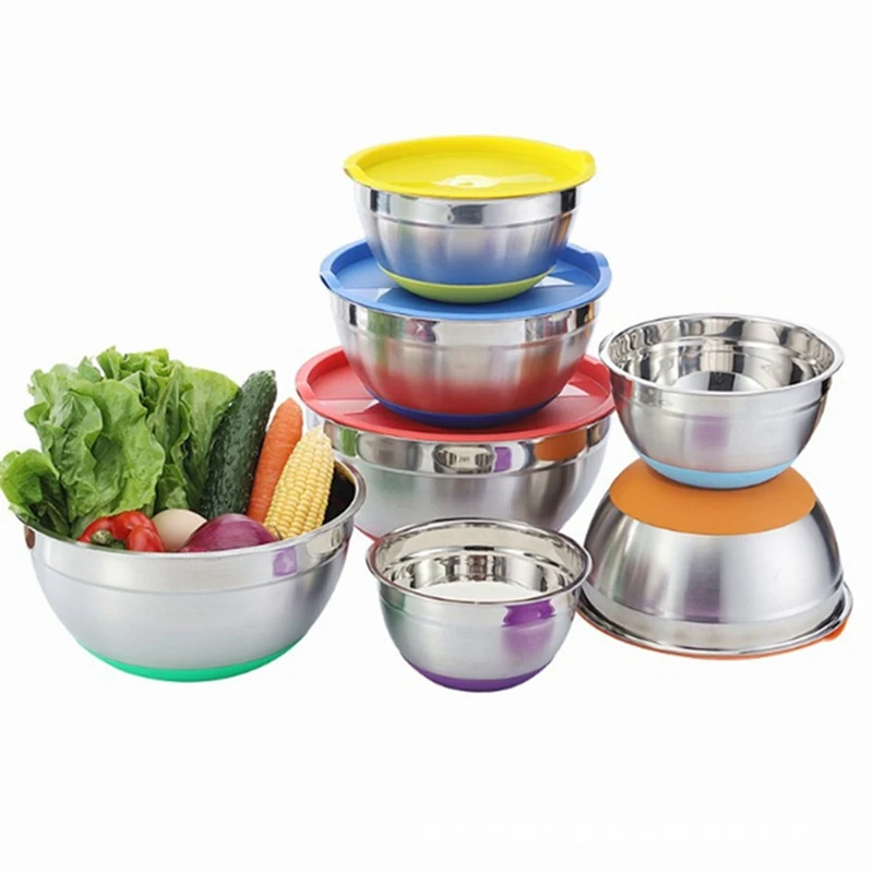 

5pcs/set Stainless Steel Mixing Bowl With Lid Non-slip Silicone Base Mixing Bowl Set Salad Cooking Mixing Bowl