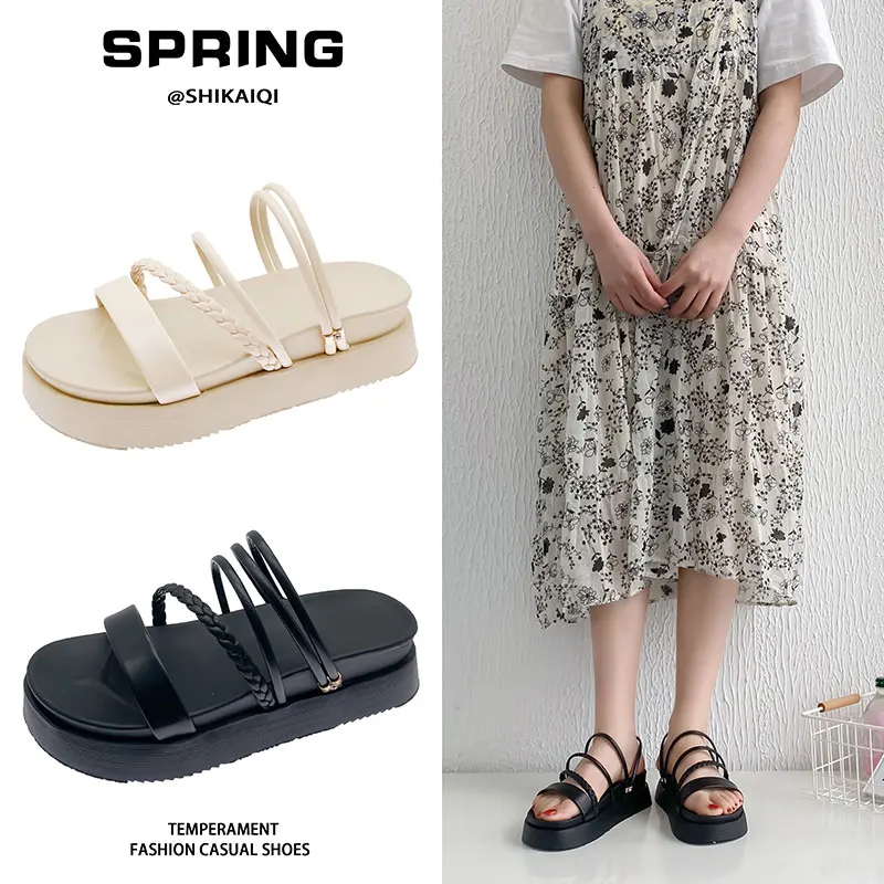

Flat Shoes Female Woman's Slippers Platform Cross-Tied Slides Lady Fashion 2021 Beach Girl Summer Luxury PU Narrow Band Rome Sca