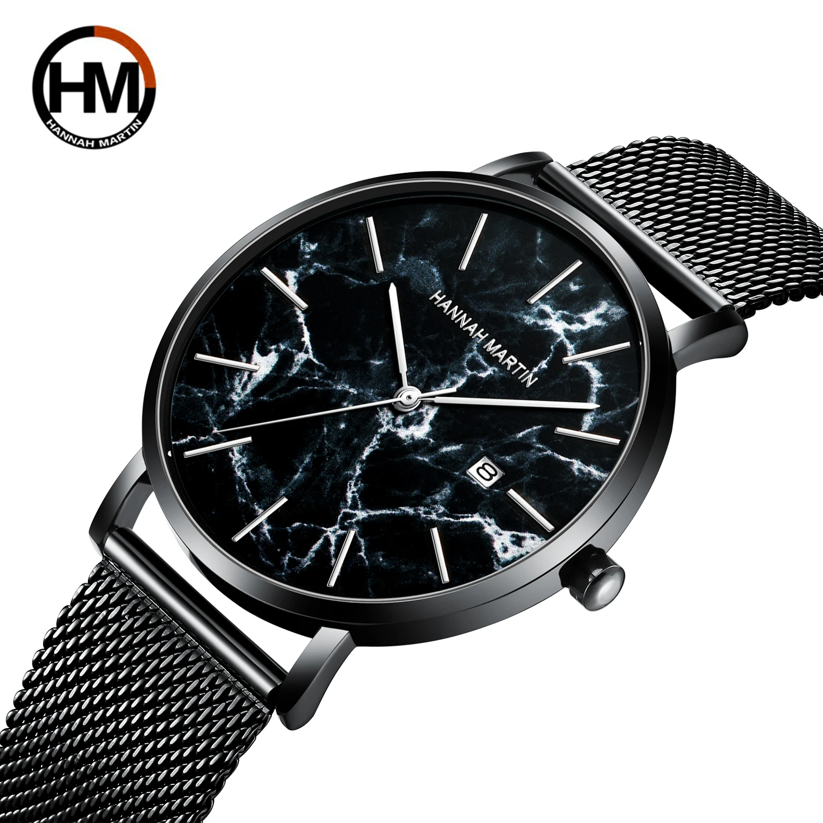 

Top Japanese Movement Simple And Fashionable Men's Sports Watch Black Marble Pattern Mesh Belt Waterproof Calendar Quartz Watch