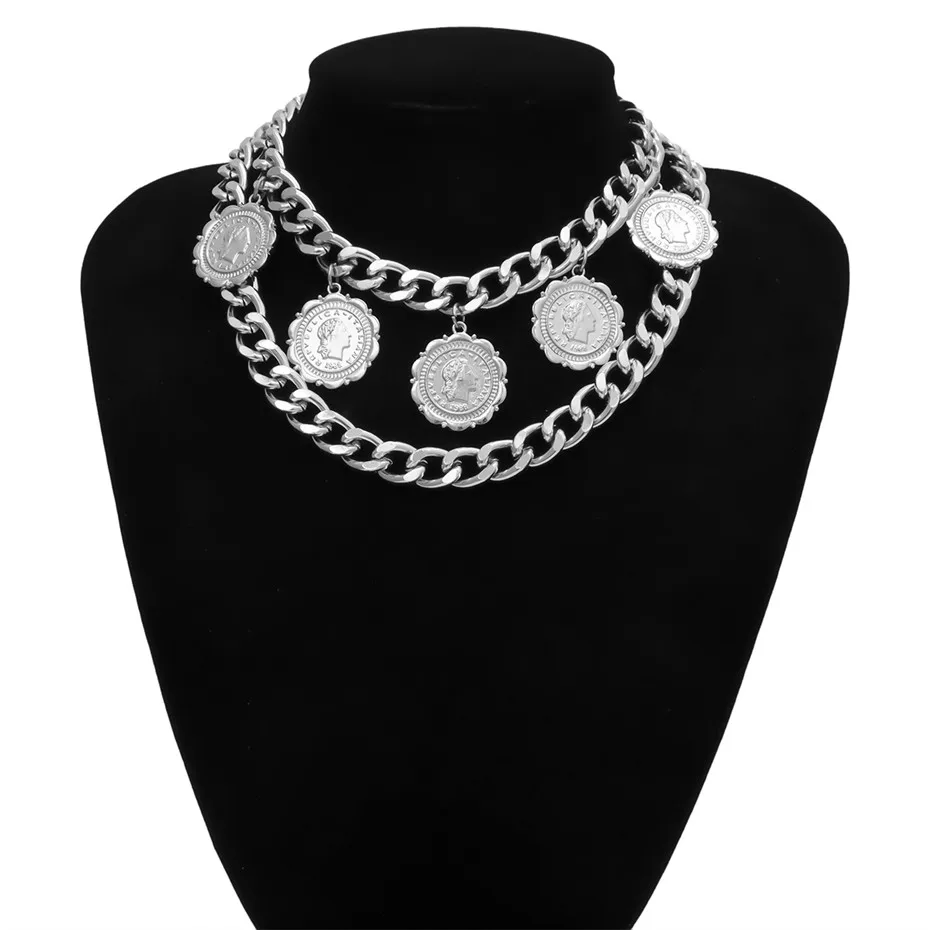 Silve Color Крупное панк кубинское массивное ожерелье с цепочкой, Европейский и американский стиль, ожерелье с кулоном в виде королевы монет, женское ювелирное изделие - Окраска металла: Silve Color