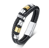 charm black genuine leather bracelet high quality metal double braided rope bracelets for men women magnetic cuff bangle