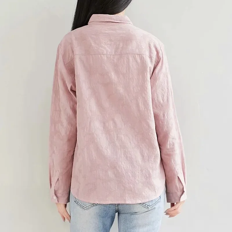

Spring Autumn Women Shirts Temperament 100% Cotton Lapel Collar Solid Color Dobby Jacquard Chic Blouses Basic Blusas for Girls