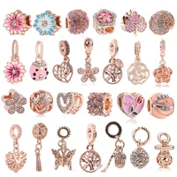 boosbiy 2pc rose gold color new glamour crystal daisy flowers leaves charms beads fit brand bracelets necklaces diy jewelry