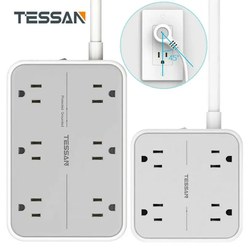 

TESSAN Wall Mountable Surge Protector Power Strip with 4/6 Outlets + 3 USB 1.5m Extension Cord US Plug Multi Sockets Home Office