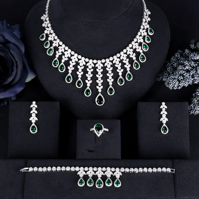 Janekelly ожерелье браслет серьги и кольцо с зеленым кубическим цирконием 4 шт. Дубай