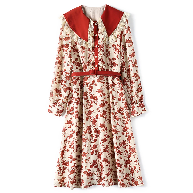 

Laurence family RMOJUL spring/summer 2021 women's new French lace collar printing long dress the doll