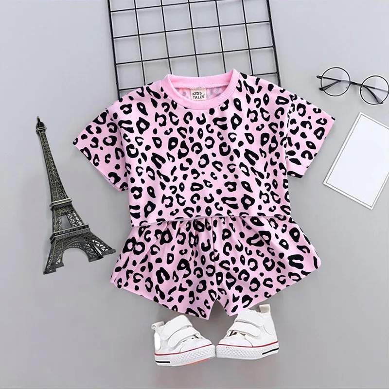 

2 Piece Set Baby Girl Clothes Girls Summer Clothes Set Short Sleeved T Shirts Shorts Leopard Print Tops Kids fashion Outfit