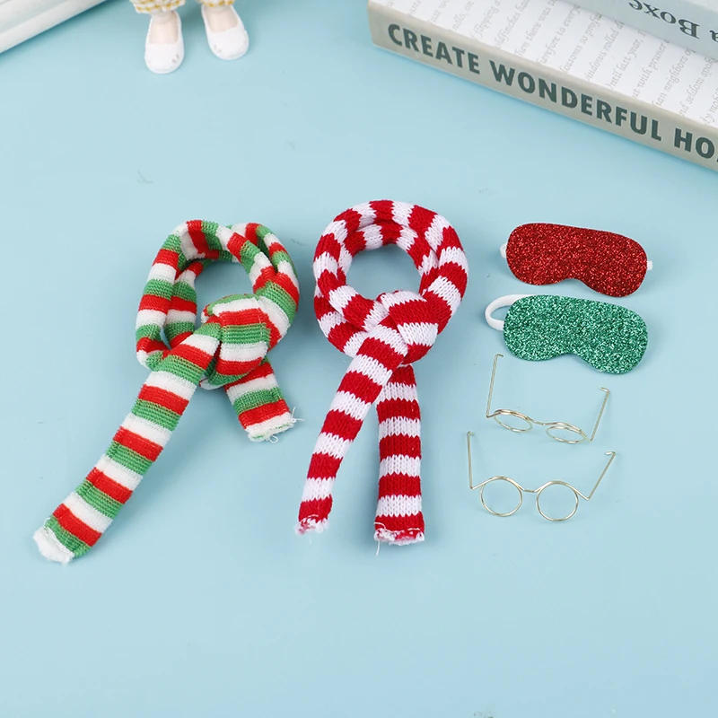 

3Pcs Christmas Doll Toys Elf Accessories Green Red White Striped Scarf Glasses Sleeping Eyemask Decor Dollhouse Miniature