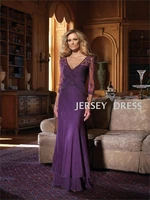 free shipping new 2017 purple party v neck bridal vestidos formales chiffon long sleeve floor length mother of the bride dresses