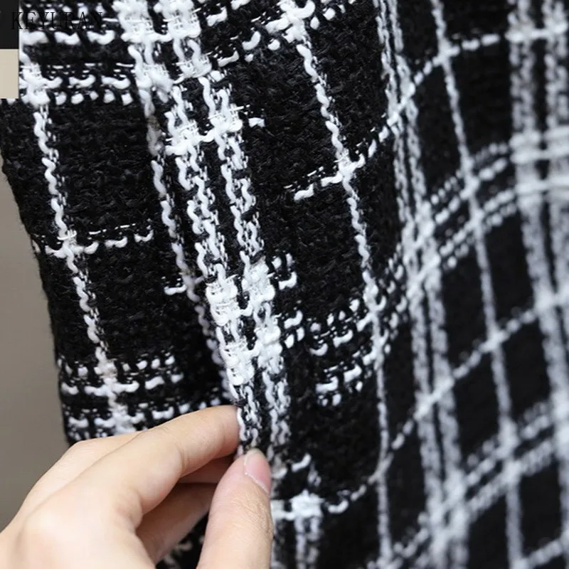 

Plus Size 2 Piece Set Chic Button Plaid Pattern Drawstring Slim Waist Camis Dress and Knitted Women Sweater Spring Autumn Suit