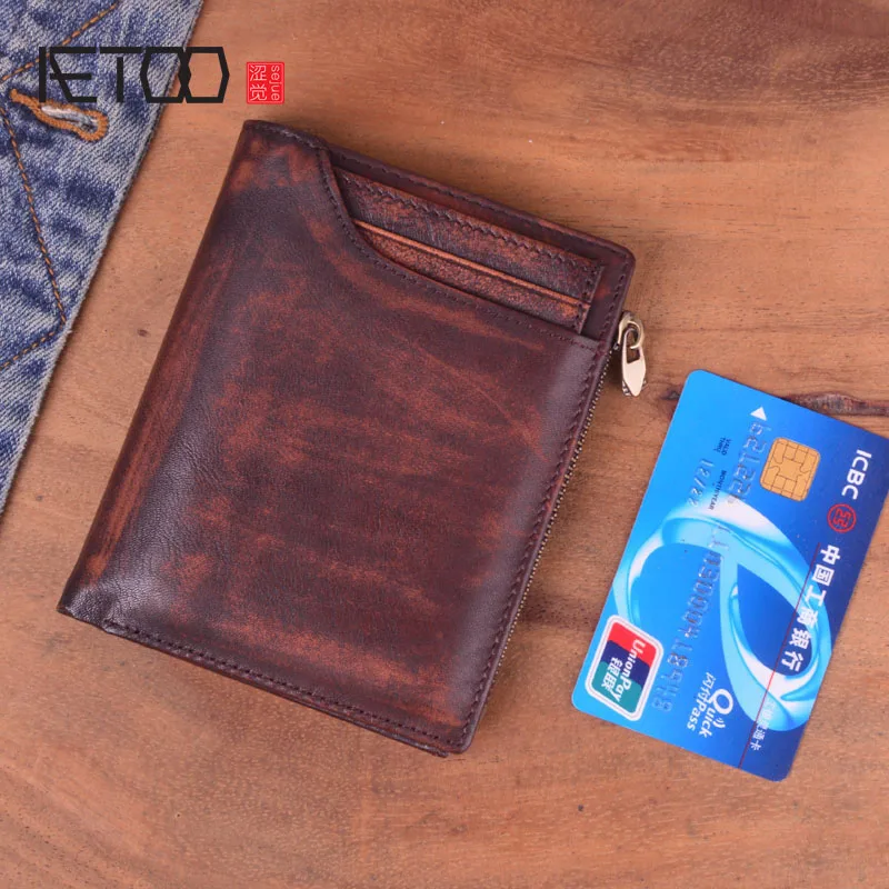 AETOO Vintage leather men's old short wallet handmade zipper top layer cowhide large capacity ladies | Багаж и сумки