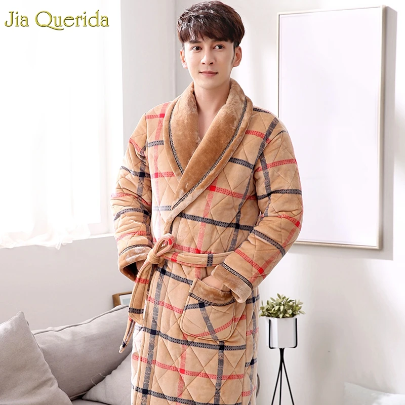 Мужской халат зимний теплый 3 слойный мягкий с длинным рукавом клетчатое