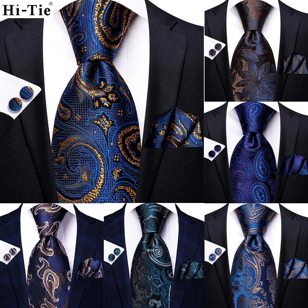 

Hi-Tie Paisley Navy Blue Solid Silk Wedding Tie For Men Hanky Cufflinks Mens Necktie Set Business Party New Design Dropshipping