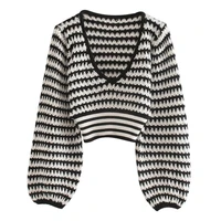 2021 retro women knit striped big v neck sweater pullovers french exposed navel short knitwear long lantern sleeve jumper tops