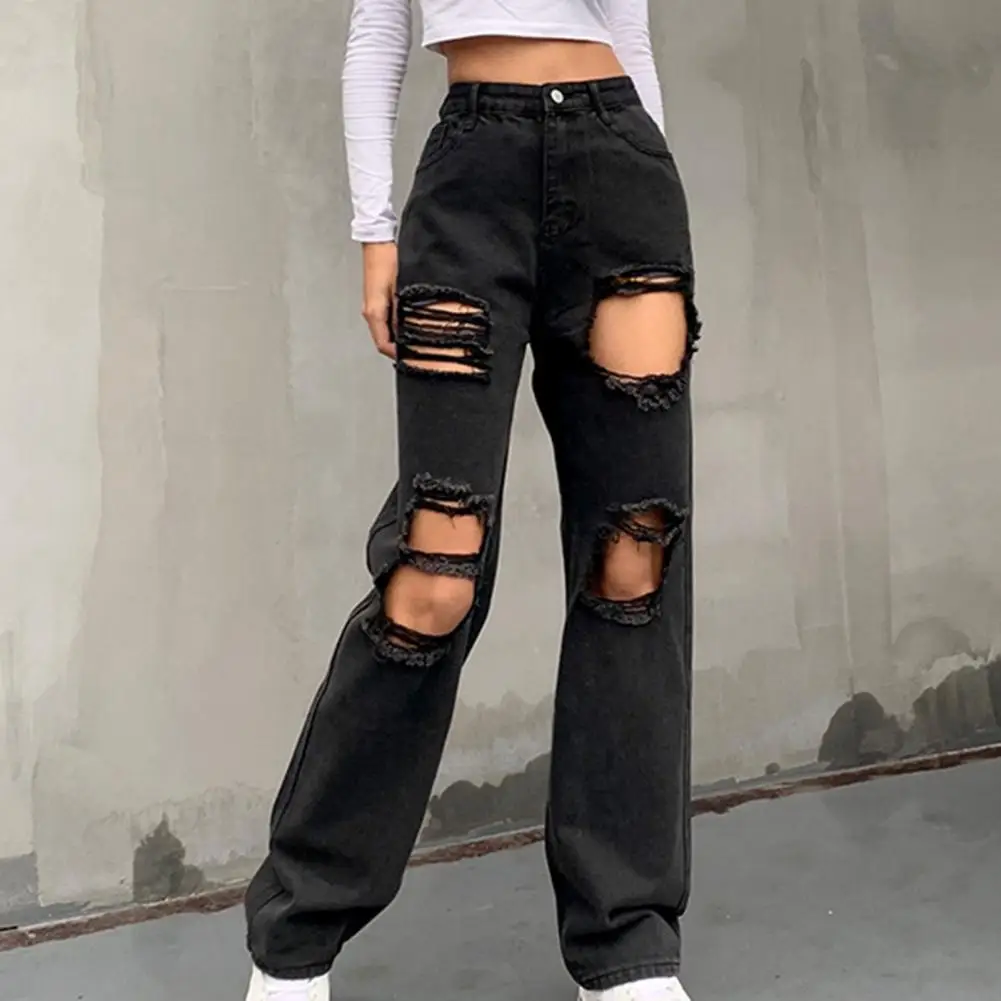 

Irregular Trousers Women Denim Jeans Fashion Loose High Waist Multi Pockets Casual Pants Straight Distressed Ripped Jeans