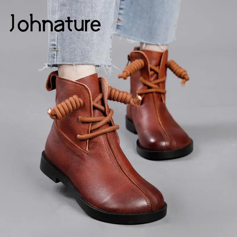 

Женские ботинки ручной работы Johnature, ботинки из натуральной кожи на плоской подошве, на молнии, с круглым носком, выразительные ботинки на пл...