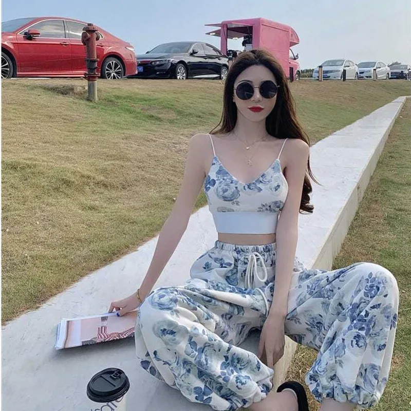 

2021 Summer New Women's Suspender Vest T-shirt + High Waist Loose Wide Leg Long Pants Suit Two Piece