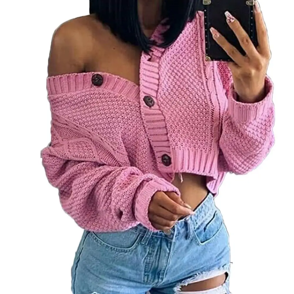 

Women's Autumn Knotted Button Closed Knit Short Jacket Loose Short Sweater Cardigan Long Sleeve Button Cardigan