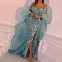 sparkly sequin evening party dresses 2021 long mermaid prom dress with detachable tulle train saudi arabic vestidos ev107