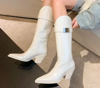 winter white black genuine leather pointed toe sliver metal buckle knee high boots woman 65 mm chunky heels slip on long boots