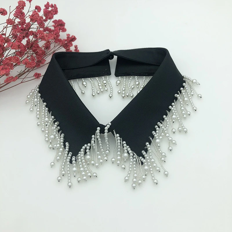 

Women White Fake Collar Handmade Beads Detachable Solid Color Shirt False Collar Blouse Top Women Vestidos Neckwear Decor