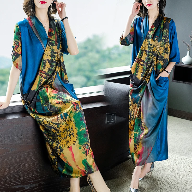 Имитация шелка платье Большие размеры для женщин Высокое качество цветочный