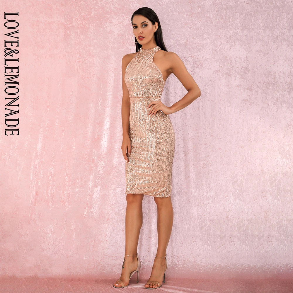 LOVE&LEMONADE Rose Gold Sexy Halter Strapless Slim Fit Elastic Sequined Knee Party Dress LM80492MID Autumn/Winter