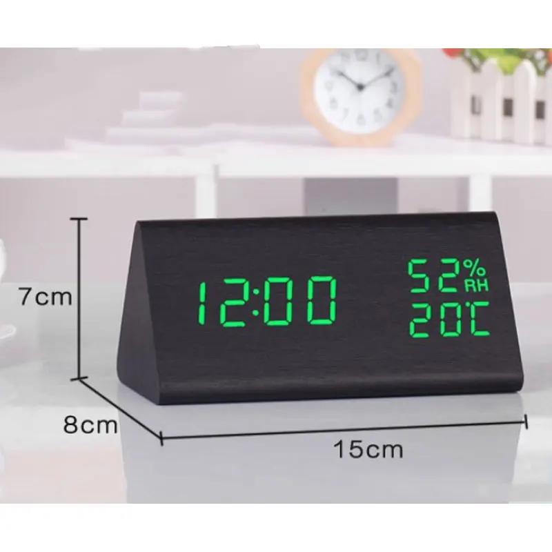 

LBER LED Wood Grain Alarm Clock Temperature Humidity e-Shape Desktop Table Clocks Bedroom Alarm Clock Home Dcor