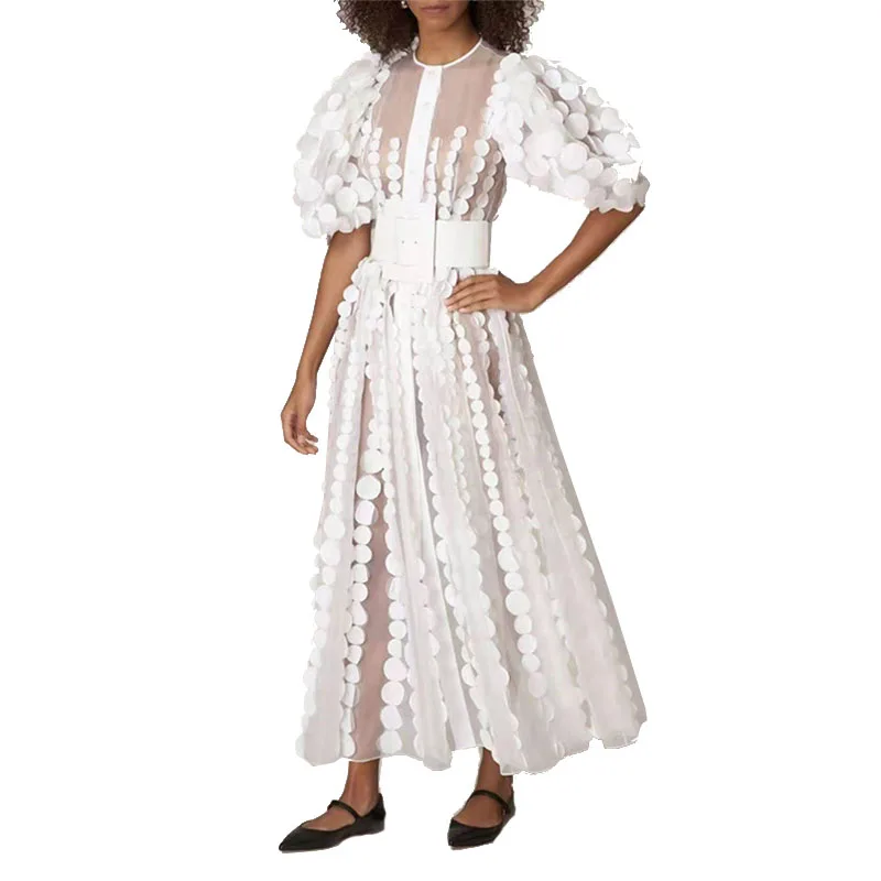 Женское платье-миди с круглым вырезом и пышными рукавами | Женская одежда