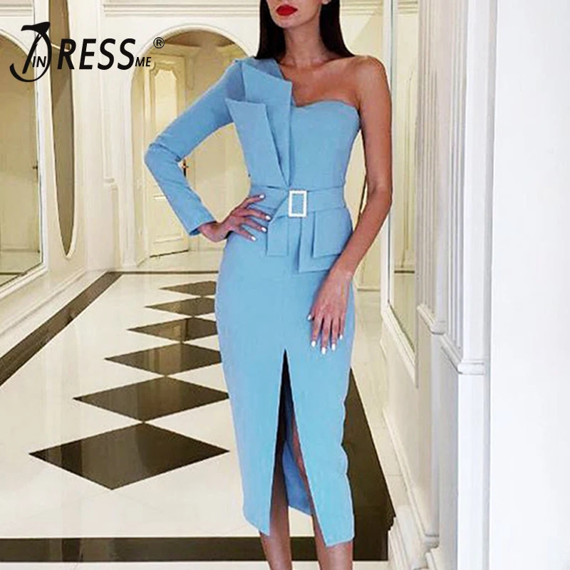 INDRESSME, новинка, пряжка на пояс, передний разрез, Vestidos, модное, на одно плечо, с длинным рукавом, плиссированное, укороченные, женские, вечерние, облегающее платье